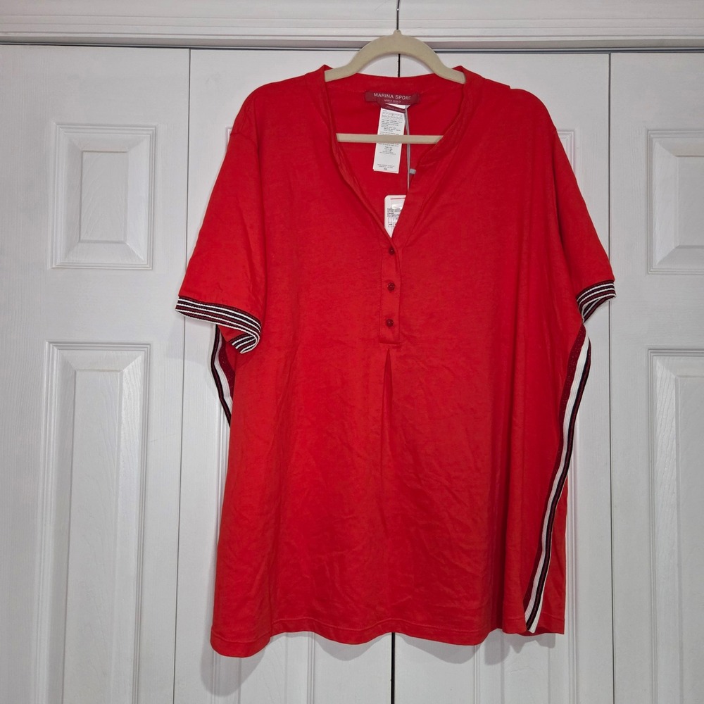 Marina Sport Polo Top 24W (XXL) Red NWT Striped Trim Henley Made in Italy